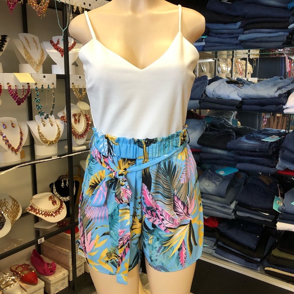 Summer Romper White and Blue Leaves Tropical Beach